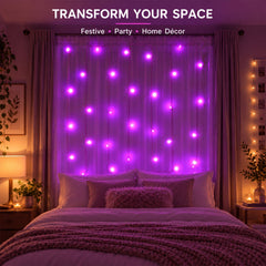 A bedroom features a bed with a pink throw, illuminated by purple LED curtain lights covering the window.