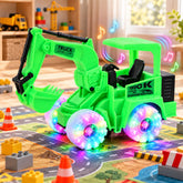 A bright green excavator toy with flashing multi-colored LED wheels sits on a playmat with orange cones and blocks.