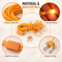 Detailed view of the orange LED curtain lights, showing the wire, plug, and individual capsules.