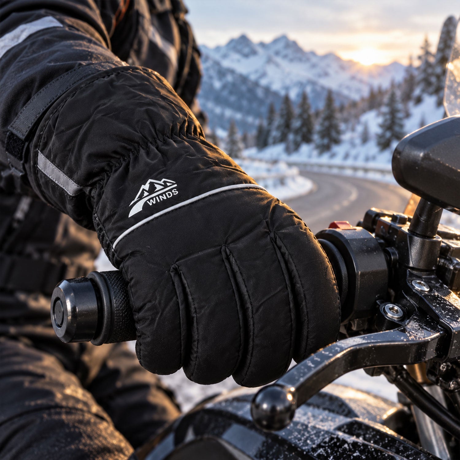 A person wearing a black winter glove with a white logo and reflective stripe, gripping a motorcycle handlebar on a snowy