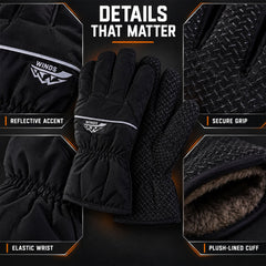 A collage highlighting features of the black glove: reflective accent, secure grip, elastic wrist, and plush-lined cuff.