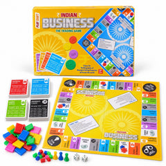 The Indian Business game box stands behind the unfolded board, surrounded by property cards, playing pieces, and dice.