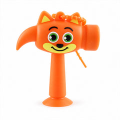 A vibrant orange cartoon fox hammer keychain stands upright on a white background, showcasing its cheerful face design.