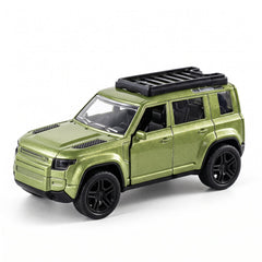 A metallic green die-cast SUV toy with a black roof rack and dark wheels is presented on a white background.