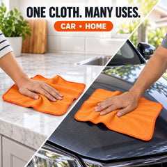Split image showing hands cleaning a kitchen counter and a car hood with orange microfiber cloths.