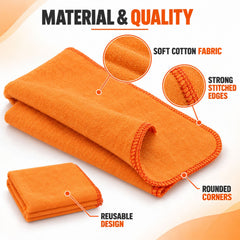 Close-up of an orange microfiber cloth highlighting soft fabric, strong stitched edges, and rounded corners.