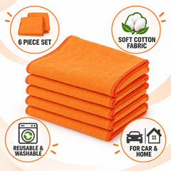 A stack of six orange microfiber cloths with icons for 6-piece set, soft cotton, reusable, washable, car, and home use.