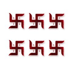 Six individual red glitter swastik stickers are arranged in two rows of three on a plain white background.