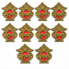 Ten golden Shubh Labh stickers with red centers are neatly arranged in rows on a plain white background.
