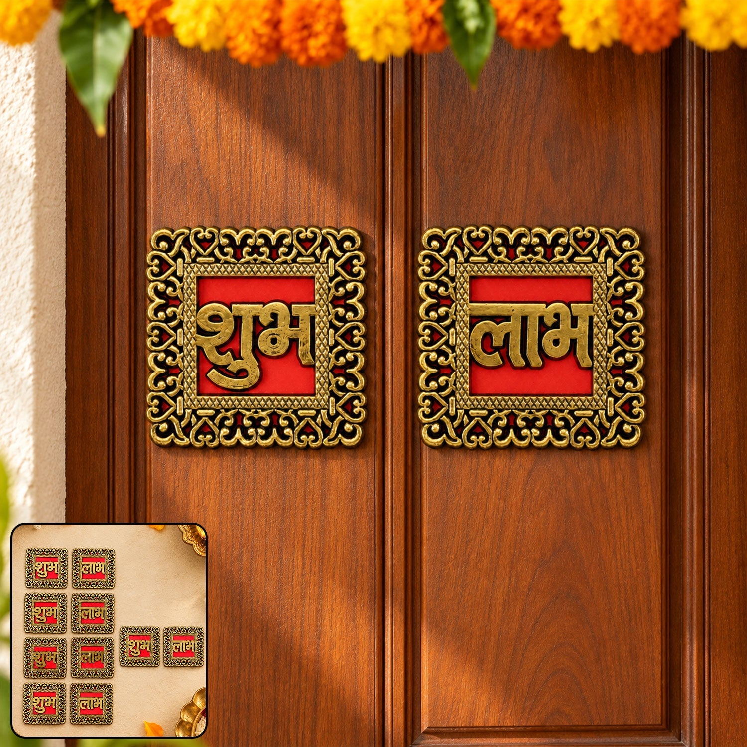 Two ornate red and gold Shubh Labh stickers adhere to a wooden door, surrounded by marigold garlands.