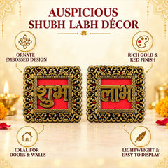 Two red and gold Shubh Labh plaques on a table, with icons detailing their ornate design and suitability for doors.