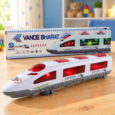 White and gray toy train with red lights glowing on a wooden table, with its product box behind it.
