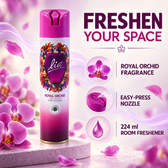 A purple and pink aerosol can stands on a textured platform, surrounded by floating orchid petals and product features.