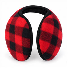 A pair of red and black plaid ear warmers with a black band is shown on a white background.
