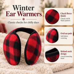 Infographic displaying red and black plaid ear warmers with details on fleece finish, oval pads, and behind-neck design.