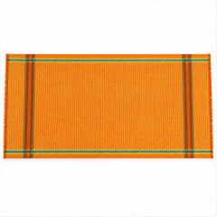 An orange shawl with a subtle diamond pattern and distinct striped borders lies flat on a white surface.