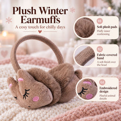 A brown plush earmuff with embroidered animal features is shown with close-up details of its soft pads and fabric band.