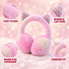 The pink and cream fluffy earmuffs are displayed with callouts highlighting cozy plush, sparkle cat ears, warm ear coverage,