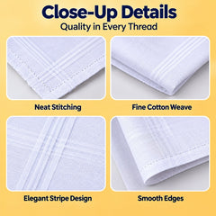 Four close-up views of a white cotton handkerchief, highlighting neat stitching, fine weave, elegant stripes, and smooth