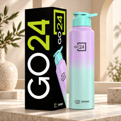 A tall, ombre purple and mint green water bottle with a mint green straw lid stands beside its black packaging box.