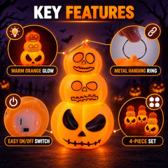 Close up of one Halloween 3 Layer Pumpkin LED Hanging Light showing stacked faces