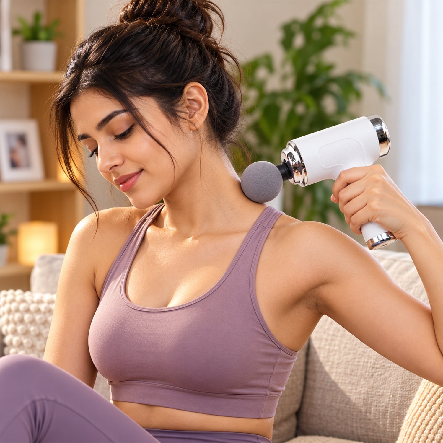 A woman in a purple sports bra uses a white and silver massage gun with a round gray head on her shoulder.