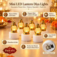 A vibrant display of six glowing mini lanterns with golden tops and white bases, surrounded by festive decorations and text