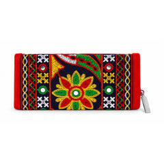 The rectangular embroidered clutch wallet, featuring red borders and a dark blue center with vibrant floral patterns, is