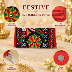 The festive embroidered purse is shown with callouts highlighting colorful embroidery, three zip compartments, a metal
