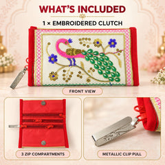 Ethnic peacock clutch purse for women with detailed floral embroidery