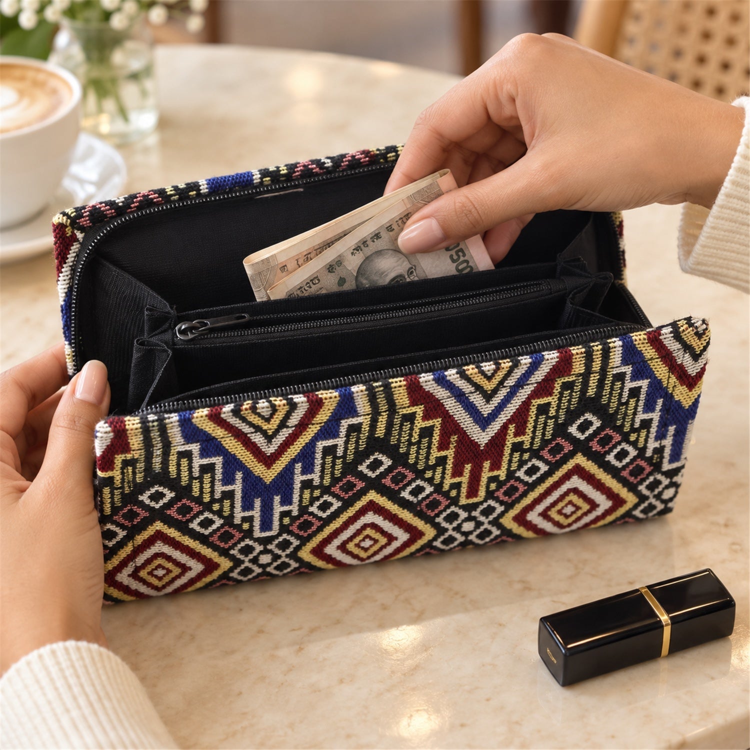 Hands placing currency notes into a vibrant, open geometric patterned clutch wallet on a light table with coffee and