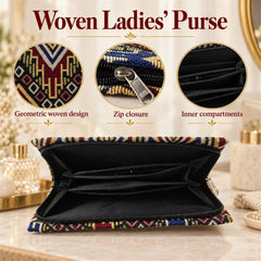 An open woven purse with black lining, showing inner compartments, with close-ups of the geometric pattern and zipper.