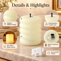 A composite image showing details of a single ribbed LED candle, its battery base, and on/off switch.