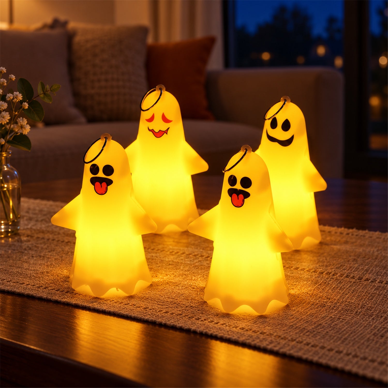 Four glowing ghost-shaped LED lights with different facial expressions illuminate a dark room.