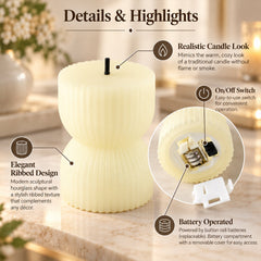 Detailed view of a single ribbed LED candle, highlighting its hourglass shape, realistic wick, and battery compartment.