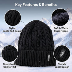 A black cable knit beanie with callouts highlighting its design, fleece lining, stretchable fit, and brand label.