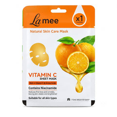 A close-up, front-facing view of the white and orange sheet mask package with text and orange graphics.