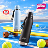 Two insulated stainless steel water bottles, one light blue and one black, stand on a yellow skateboard on a blue track.