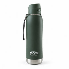 A dark green insulated stainless steel water bottle with a flip lid and wrist strap stands upright on a white background.