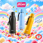 Three insulated water bottles in black, light blue, and yellow with flip lids and wrist straps, surrounded by colorful