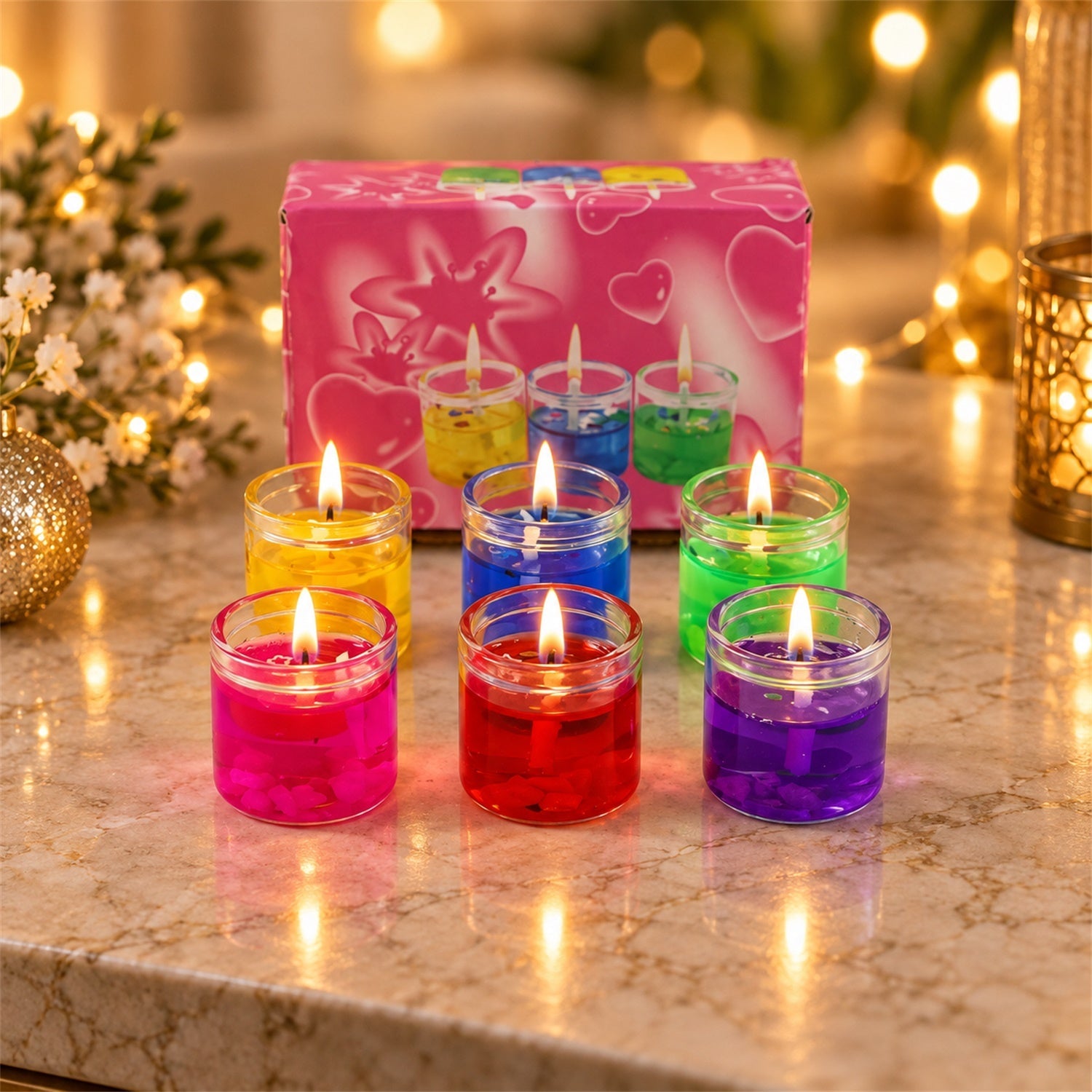 Six lit gel candles in glass jars, in yellow, blue, green, pink, red, and purple, arranged around a pink box.