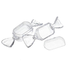 Two clear candy-shaped boxes, one with its lid slightly ajar, are displayed on a plain white background.