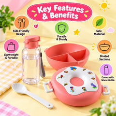 A pink donut-shaped lunch box, divided bowl, and clear water bottle with text highlighting features like kids-friendly