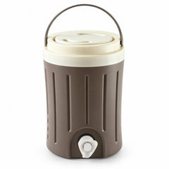 A brown and cream insulated jug with a handle and white tap is centered on a plain white background.