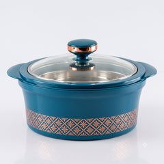A teal insulated casserole dish with a clear lid and copper knob, displayed on a white background.