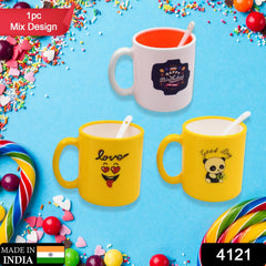 Colorful coffee mug with spoon, front view