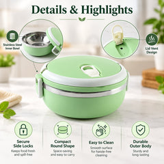 Single layer lunch box with steel inner bowl - lid and bowl features