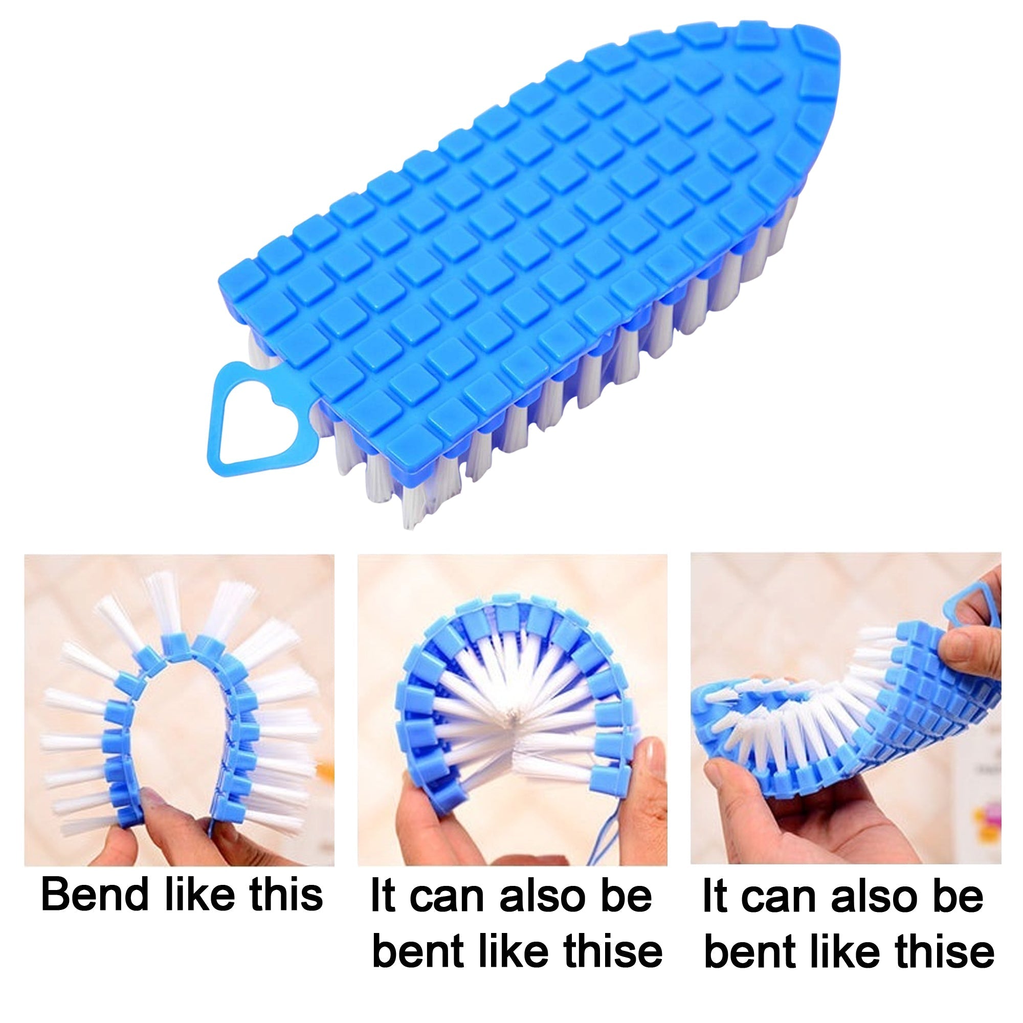 Flexible plastic cleaning brush showing bendability