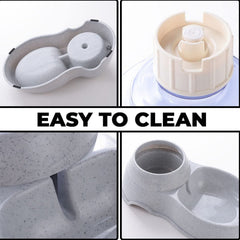 Pet water dispenser with food bowl, front view