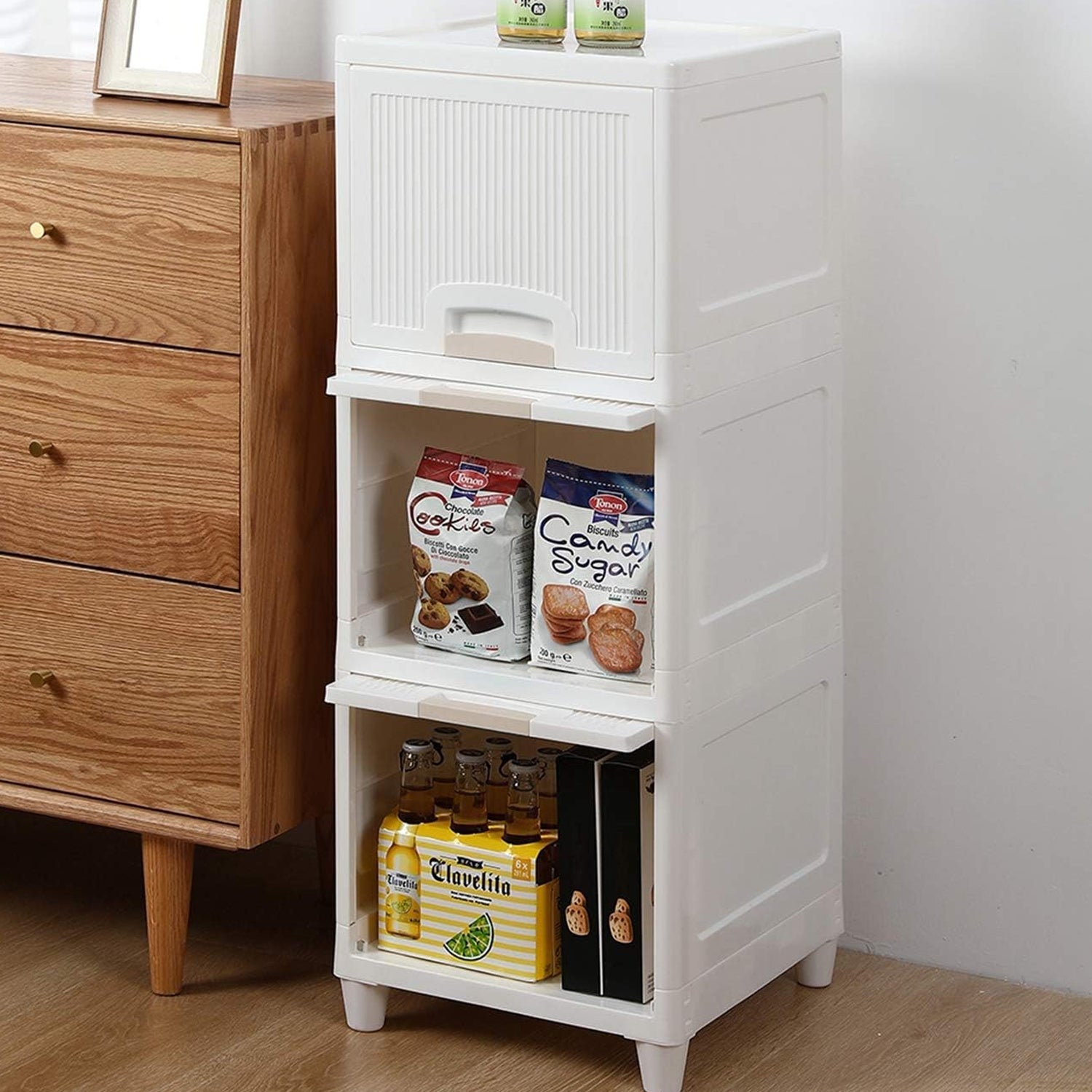 Multipurpose 3-layer plastic storage cabinet front view